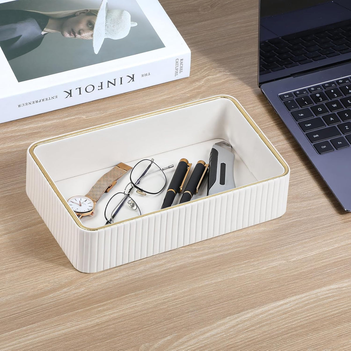 Desk Organizer Tray, PU Leather Nightstand Organizer, Ivory, Small