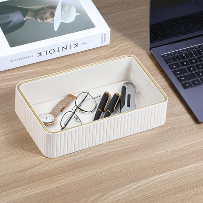 Desk Organizer Tray, PU Leather Nightstand Organizer, Ivory, Small