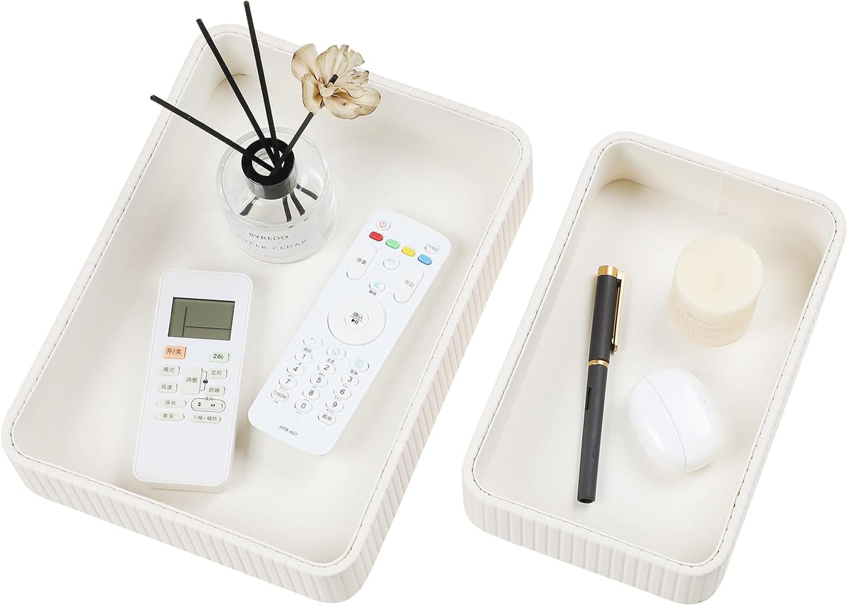 Desk Organizer Tray, PU Leather Nightstand Organizer, Ivory, Small