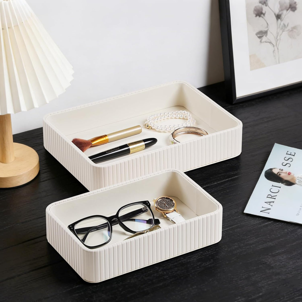 Desk Organizer Tray, PU Leather Nightstand Organizer, Ivory, Small
