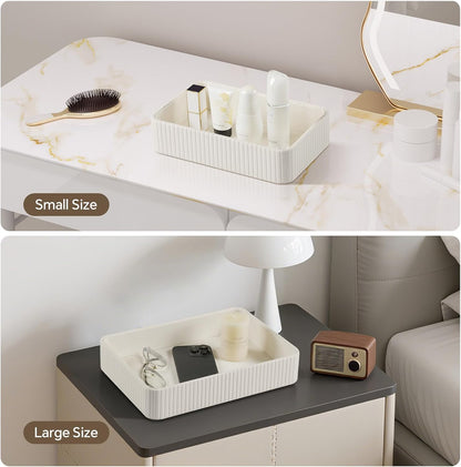 Desk Organizer Tray, PU Leather Nightstand Organizer, Ivory, Small