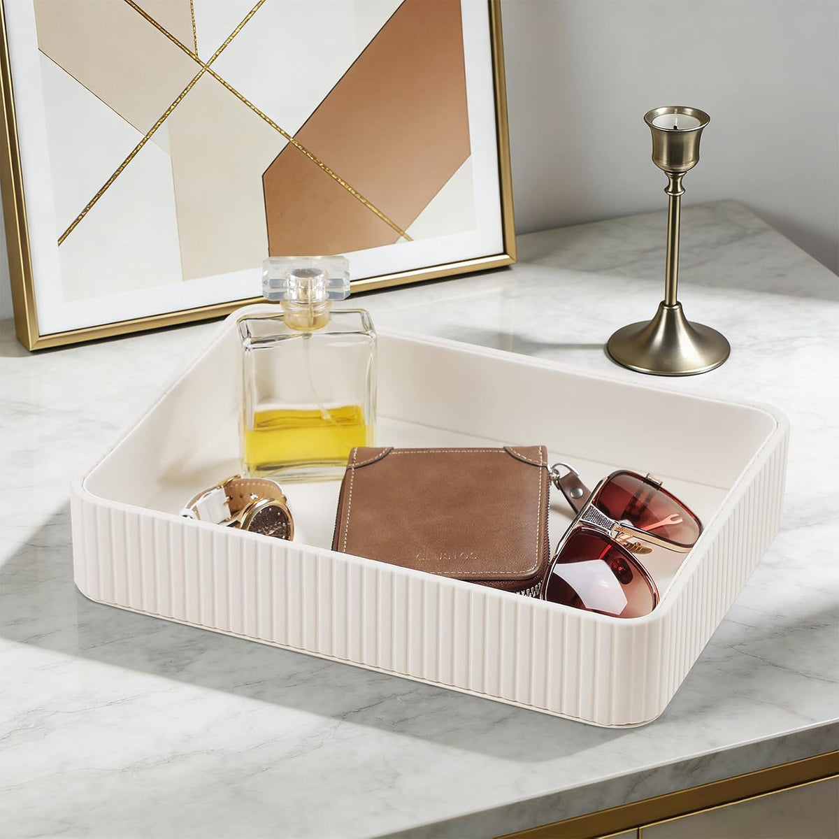 Desk Organizer Tray, PU Leather Nightstand Organizer, Ivory, Small