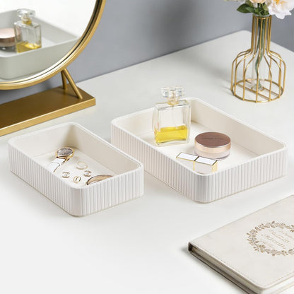 Desk Organizer Tray, PU Leather Nightstand Organizer, Ivory, Small