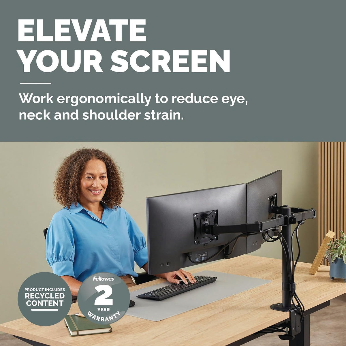 Fellowes Everyday Adjustable Dual Monitor Arm – Holds Two Screens up to 32" (inch) Weighing 19.84 lbs Each, Tilt, Swivel, Rotate, VESA 75/100, Clamp or Grommet Mount, Cable Management