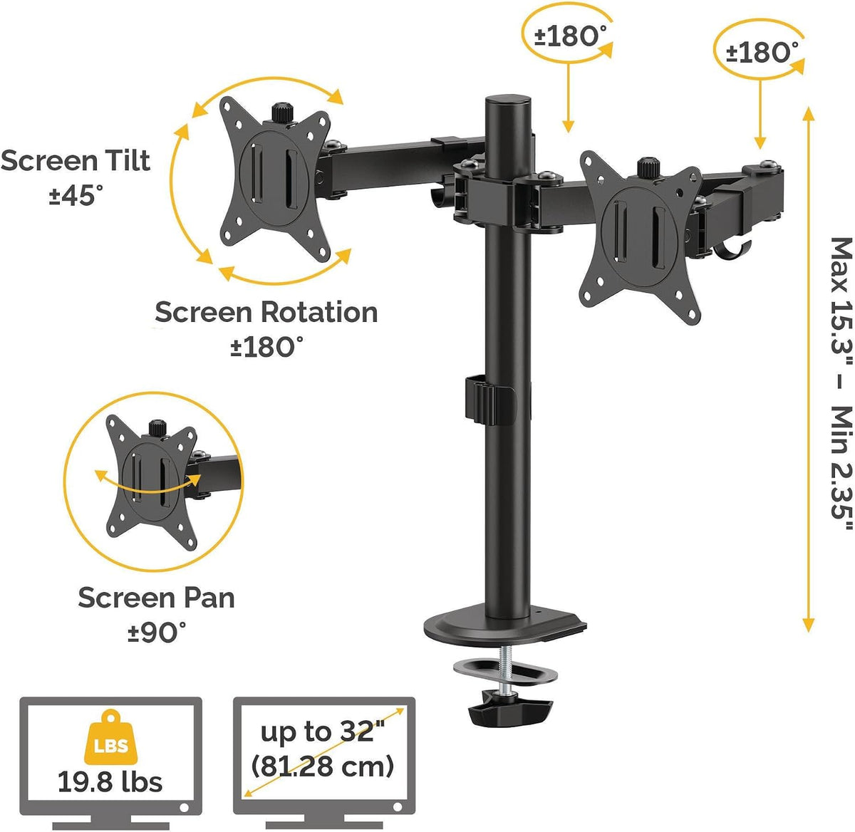 Fellowes Everyday Adjustable Dual Monitor Arm – Holds Two Screens up to 32" (inch) Weighing 19.84 lbs Each, Tilt, Swivel, Rotate, VESA 75/100, Clamp or Grommet Mount, Cable Management