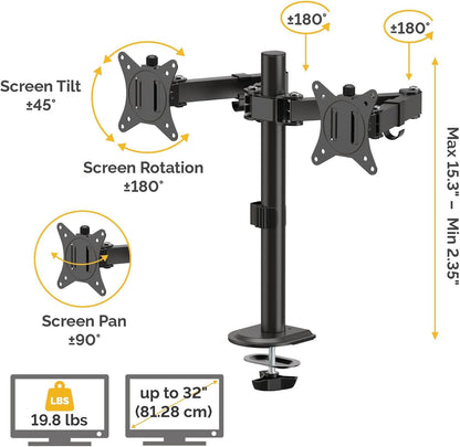 Fellowes Everyday Adjustable Dual Monitor Arm – Holds Two Screens up to 32" (inch) Weighing 19.84 lbs Each, Tilt, Swivel, Rotate, VESA 75/100, Clamp or Grommet Mount, Cable Management