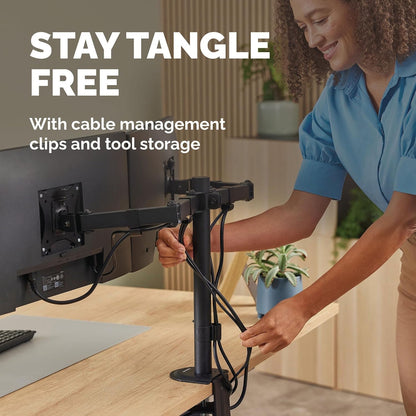 Fellowes Everyday Adjustable Dual Monitor Arm – Holds Two Screens up to 32" (inch) Weighing 19.84 lbs Each, Tilt, Swivel, Rotate, VESA 75/100, Clamp or Grommet Mount, Cable Management