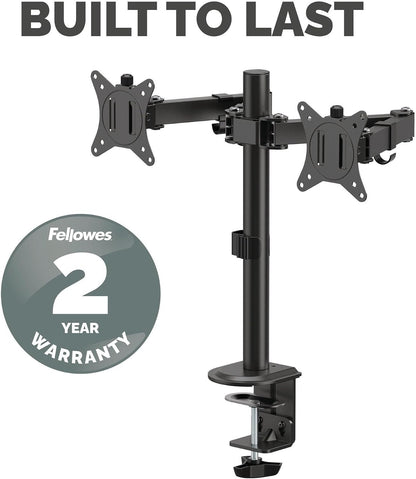 Fellowes Everyday Adjustable Dual Monitor Arm – Holds Two Screens up to 32" (inch) Weighing 19.84 lbs Each, Tilt, Swivel, Rotate, VESA 75/100, Clamp or Grommet Mount, Cable Management