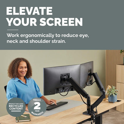 Fellowes Everyday Adjustable Dual Monitor Arm – Holds Two Screens up to 32" (inch) Weighing 19.84 lbs Each, Tilt, Swivel, Rotate, VESA 75/100, Clamp or Grommet Mount, Cable Management