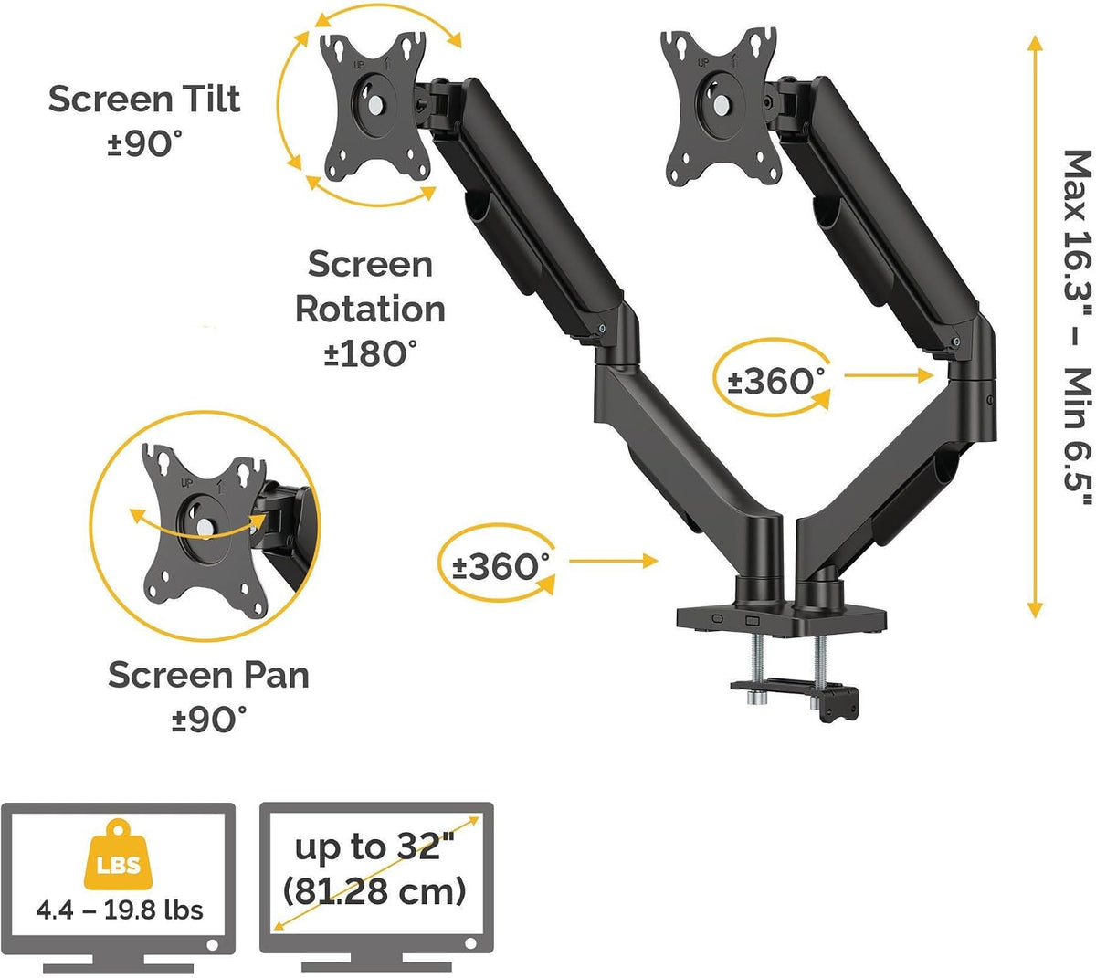 Fellowes Everyday Adjustable Dual Monitor Arm – Holds Two Screens up to 32" (inch) Weighing 19.84 lbs Each, Tilt, Swivel, Rotate, VESA 75/100, Clamp or Grommet Mount, Cable Management