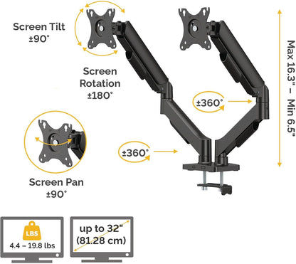 Fellowes Everyday Adjustable Dual Monitor Arm – Holds Two Screens up to 32" (inch) Weighing 19.84 lbs Each, Tilt, Swivel, Rotate, VESA 75/100, Clamp or Grommet Mount, Cable Management