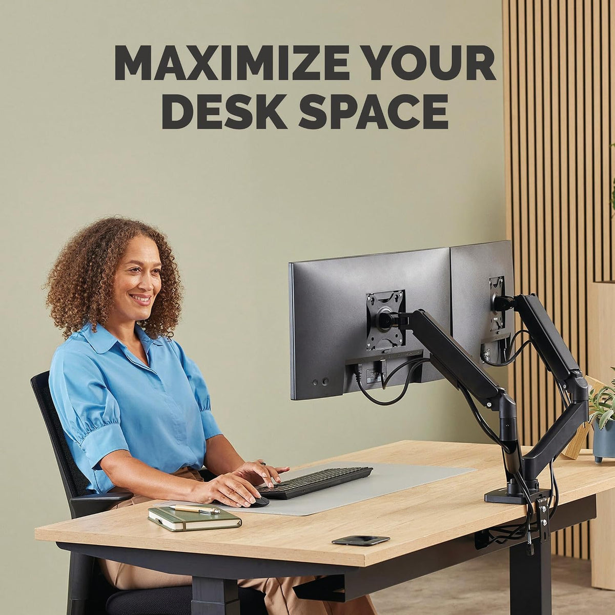 Fellowes Everyday Adjustable Dual Monitor Arm – Holds Two Screens up to 32" (inch) Weighing 19.84 lbs Each, Tilt, Swivel, Rotate, VESA 75/100, Clamp or Grommet Mount, Cable Management