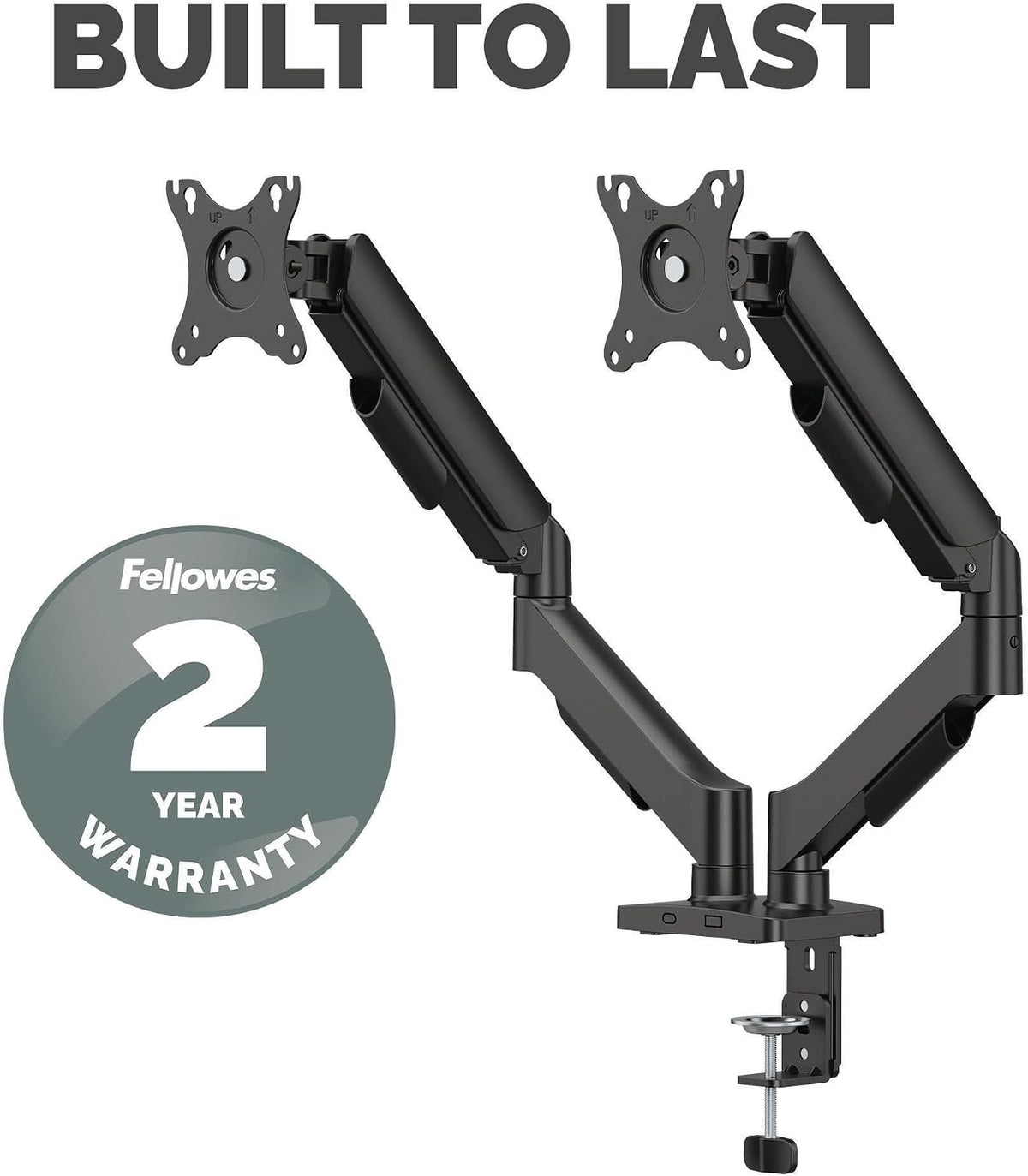 Fellowes Everyday Adjustable Dual Monitor Arm – Holds Two Screens up to 32" (inch) Weighing 19.84 lbs Each, Tilt, Swivel, Rotate, VESA 75/100, Clamp or Grommet Mount, Cable Management