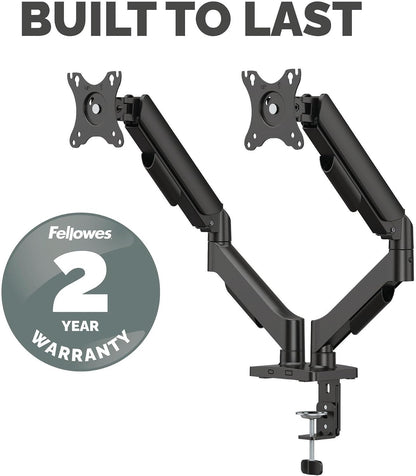 Fellowes Everyday Adjustable Dual Monitor Arm – Holds Two Screens up to 32" (inch) Weighing 19.84 lbs Each, Tilt, Swivel, Rotate, VESA 75/100, Clamp or Grommet Mount, Cable Management