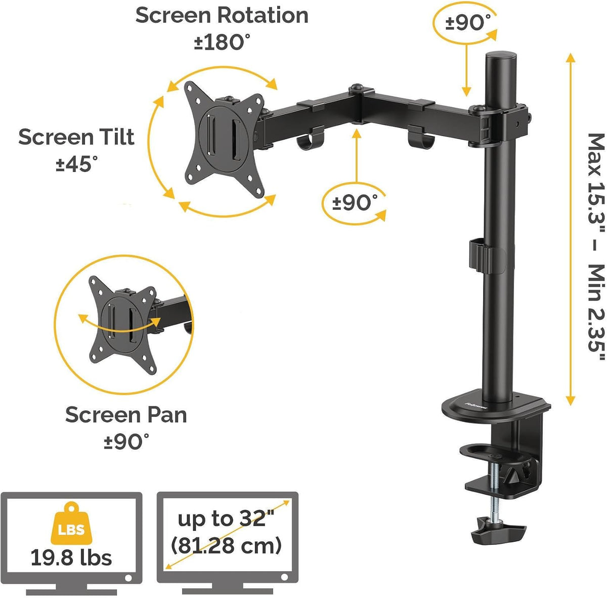 Fellowes Everyday Adjustable Dual Monitor Arm – Holds Two Screens up to 32" (inch) Weighing 19.84 lbs Each, Tilt, Swivel, Rotate, VESA 75/100, Clamp or Grommet Mount, Cable Management