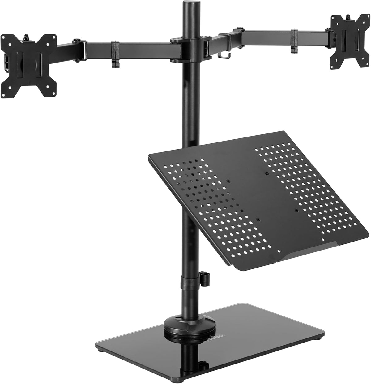 Freestanding Dual Computer Monitor and Laptop Combo Desk Stand with Glass Base, Fits up to 32 inch Monitors and 17 inch Laptops, Black, STAND-V003FGL