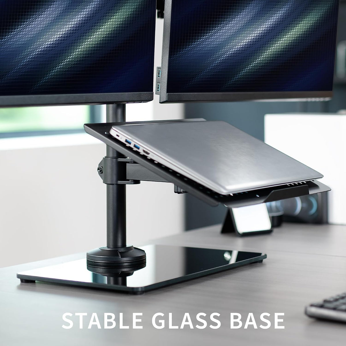 Freestanding Dual Computer Monitor and Laptop Combo Desk Stand with Glass Base, Fits up to 32 inch Monitors and 17 inch Laptops, Black, STAND-V003FGL