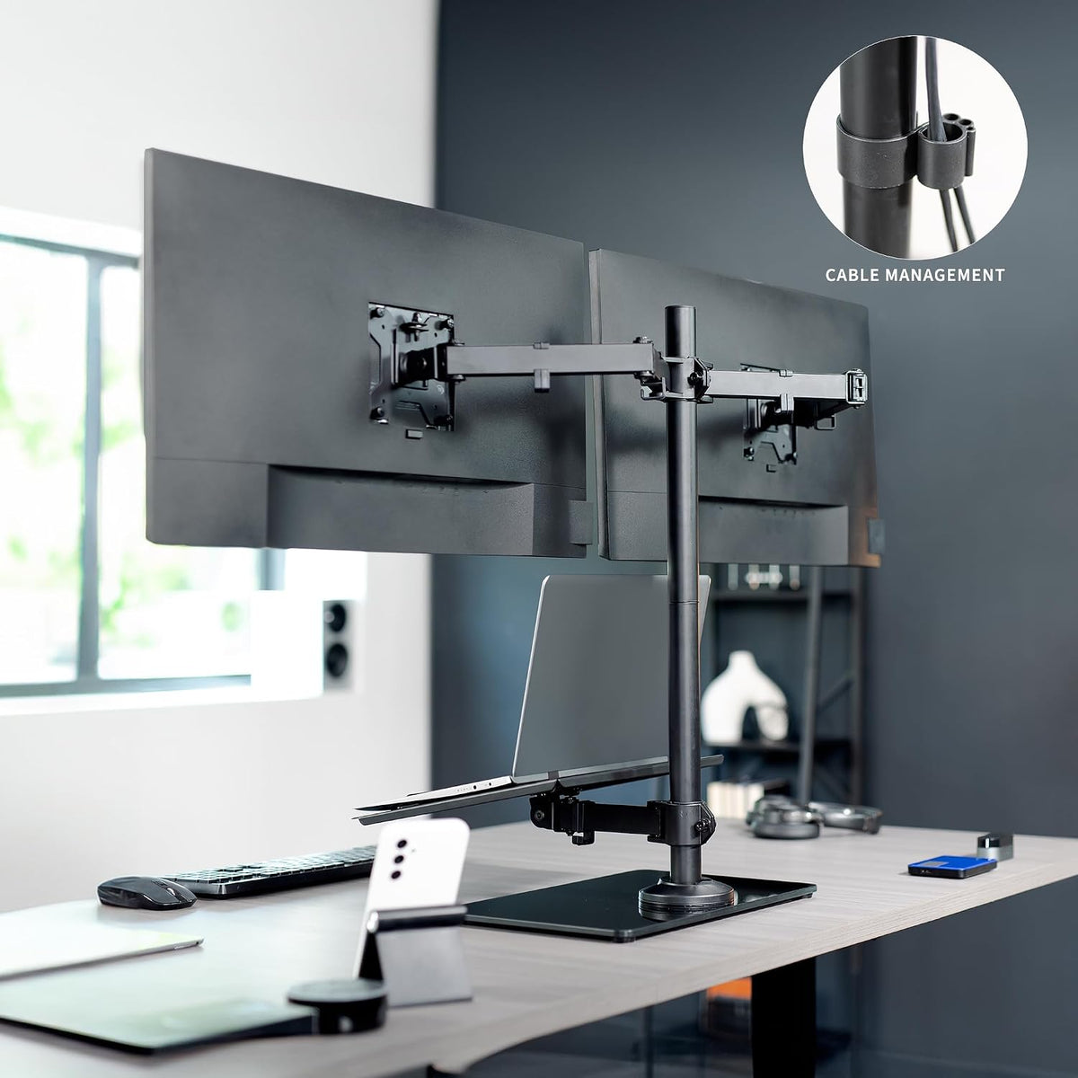 Freestanding Dual Computer Monitor and Laptop Combo Desk Stand with Glass Base, Fits up to 32 inch Monitors and 17 inch Laptops, Black, STAND-V003FGL