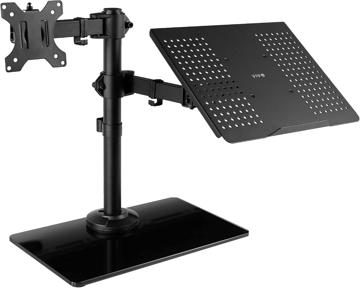 Freestanding Dual Computer Monitor and Laptop Combo Desk Stand with Glass Base, Fits up to 32 inch Monitors and 17 inch Laptops, Black, STAND-V003FGL