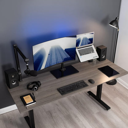 Freestanding Dual Computer Monitor and Laptop Combo Desk Stand with Glass Base, Fits up to 32 inch Monitors and 17 inch Laptops, Black, STAND-V003FGL