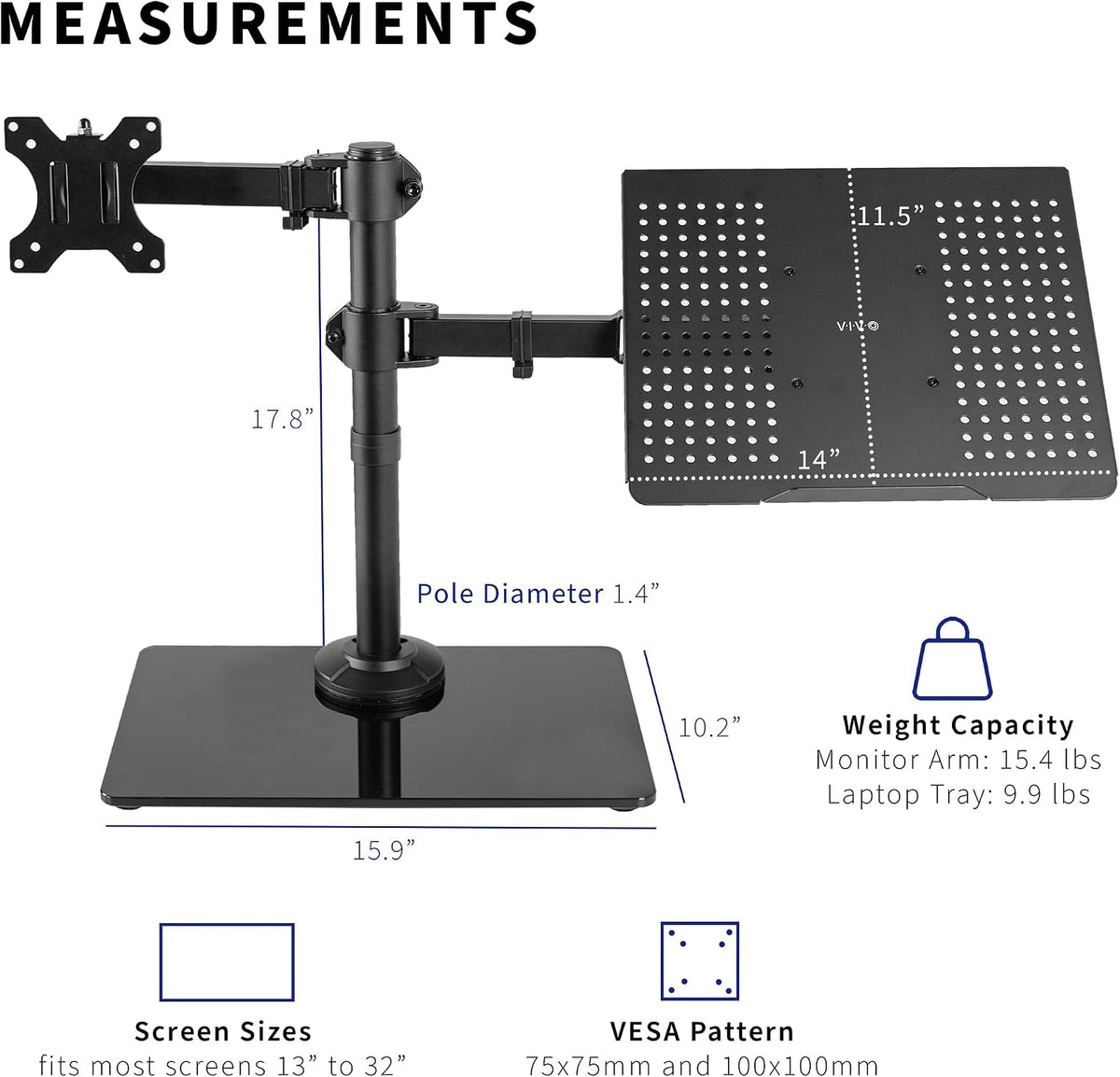 Freestanding Dual Computer Monitor and Laptop Combo Desk Stand with Glass Base, Fits up to 32 inch Monitors and 17 inch Laptops, Black, STAND-V003FGL