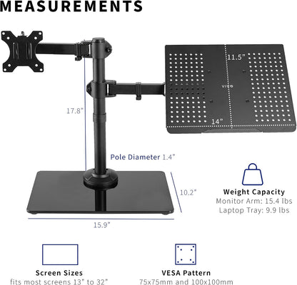 Freestanding Dual Computer Monitor and Laptop Combo Desk Stand with Glass Base, Fits up to 32 inch Monitors and 17 inch Laptops, Black, STAND-V003FGL