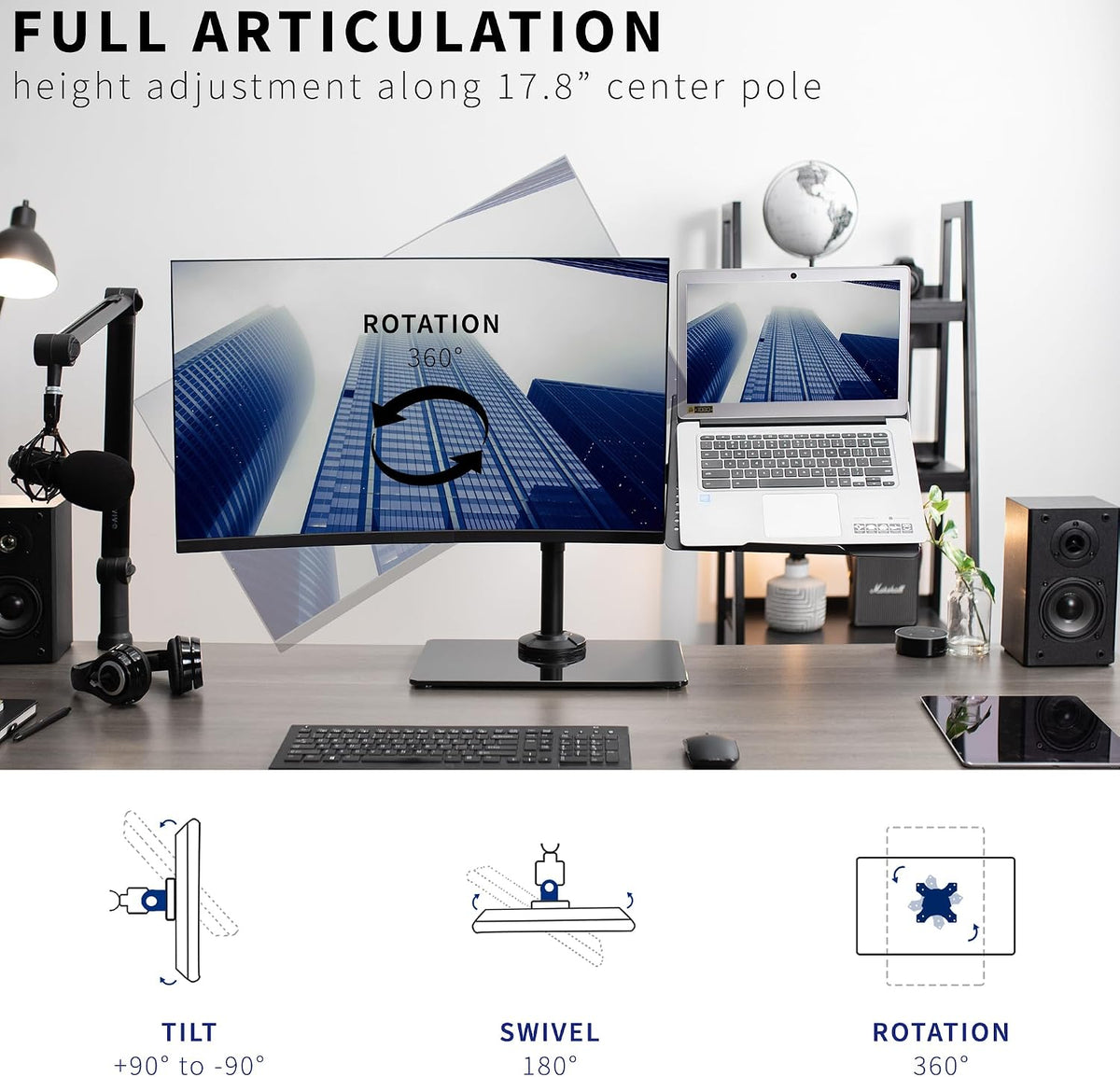 Freestanding Dual Computer Monitor and Laptop Combo Desk Stand with Glass Base, Fits up to 32 inch Monitors and 17 inch Laptops, Black, STAND-V003FGL