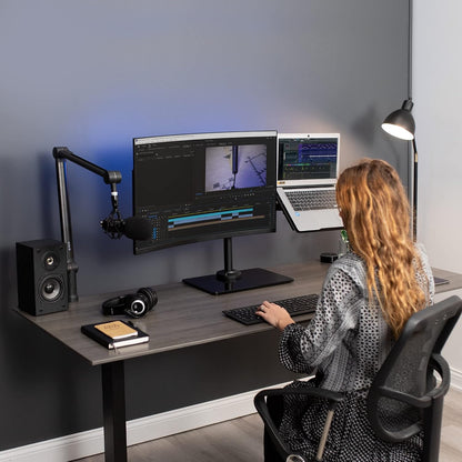 Freestanding Dual Computer Monitor and Laptop Combo Desk Stand with Glass Base, Fits up to 32 inch Monitors and 17 inch Laptops, Black, STAND-V003FGL