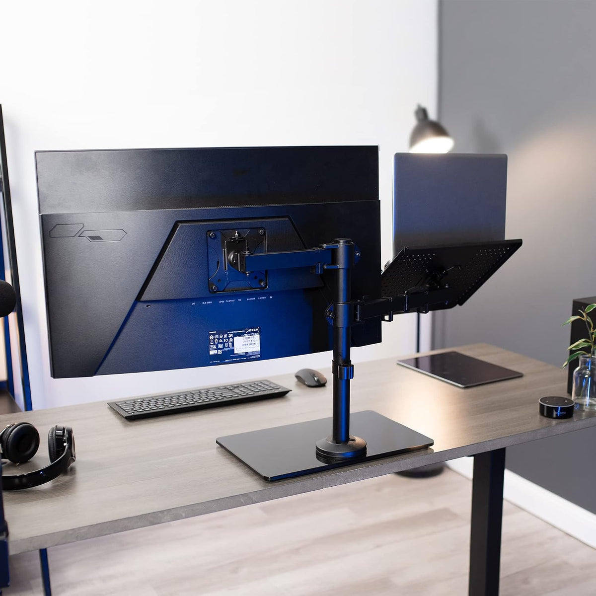 Freestanding Dual Computer Monitor and Laptop Combo Desk Stand with Glass Base, Fits up to 32 inch Monitors and 17 inch Laptops, Black, STAND-V003FGL