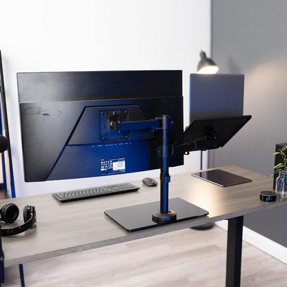 Freestanding Dual Computer Monitor and Laptop Combo Desk Stand with Glass Base, Fits up to 32 inch Monitors and 17 inch Laptops, Black, STAND-V003FGL