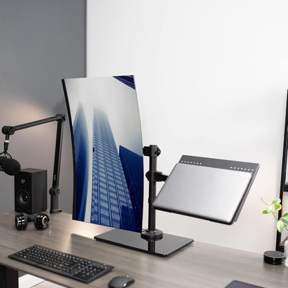 Freestanding Dual Computer Monitor and Laptop Combo Desk Stand with Glass Base, Fits up to 32 inch Monitors and 17 inch Laptops, Black, STAND-V003FGL