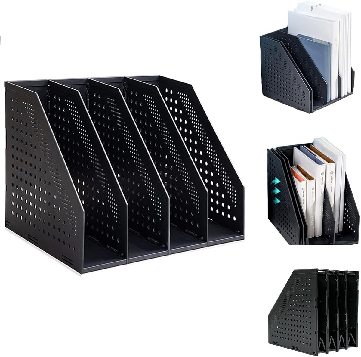 Collapsible Magazine File Holder with 4 Vertical Compartments, Binder Holder for Desk, Desktop Binder Organizer for Notebook, Documents, Book, School Office Supplies(Black)