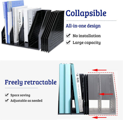 Collapsible Magazine File Holder with 4 Vertical Compartments, Binder Holder for Desk, Desktop Binder Organizer for Notebook, Documents, Book, School Office Supplies(Black)