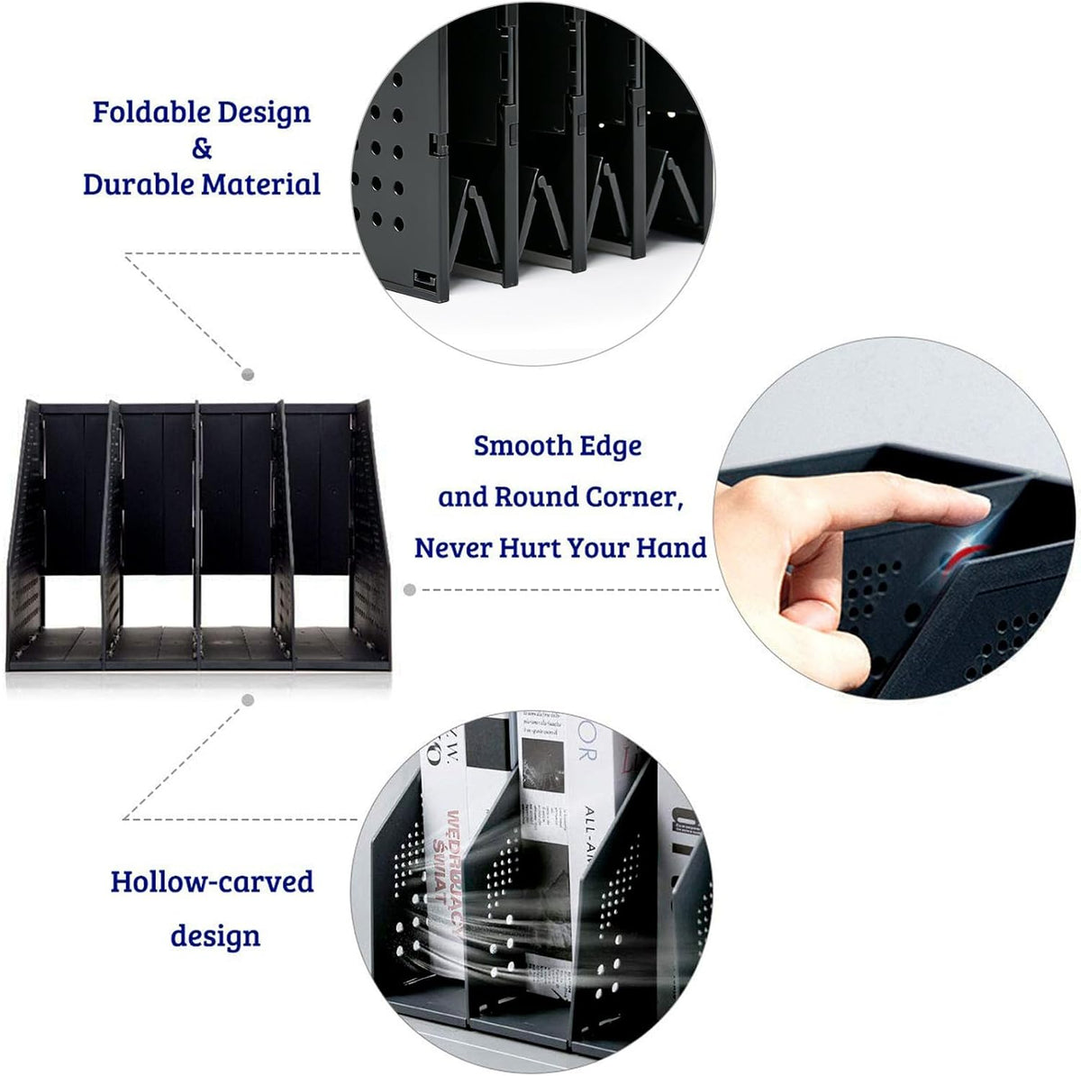 Collapsible Magazine File Holder with 4 Vertical Compartments, Binder Holder for Desk, Desktop Binder Organizer for Notebook, Documents, Book, School Office Supplies(Black)