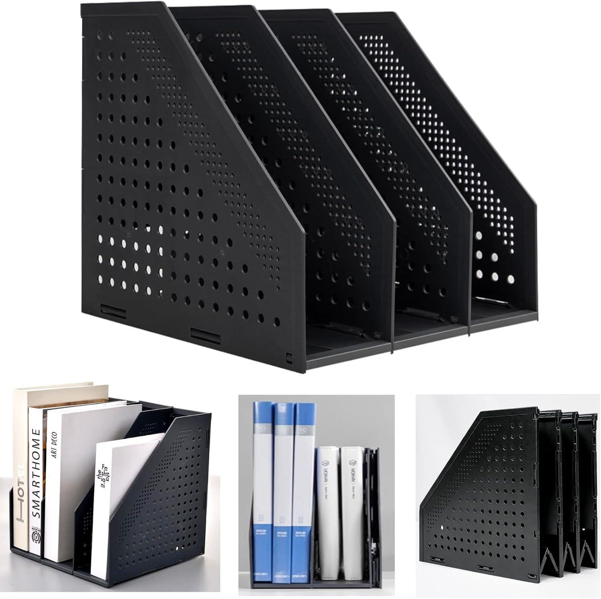 Collapsible Magazine File Holder with 4 Vertical Compartments, Binder Holder for Desk, Desktop Binder Organizer for Notebook, Documents, Book, School Office Supplies(Black)
