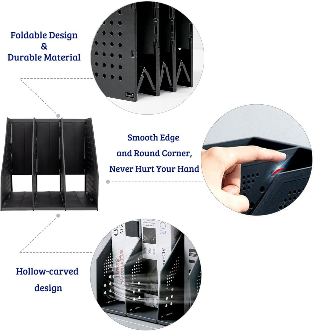 Collapsible Magazine File Holder with 4 Vertical Compartments, Binder Holder for Desk, Desktop Binder Organizer for Notebook, Documents, Book, School Office Supplies(Black)