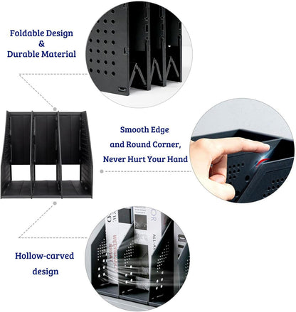 Collapsible Magazine File Holder with 4 Vertical Compartments, Binder Holder for Desk, Desktop Binder Organizer for Notebook, Documents, Book, School Office Supplies(Black)
