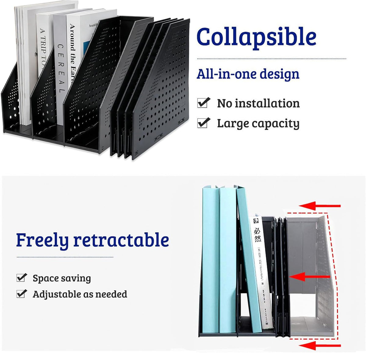 Collapsible Magazine File Holder with 4 Vertical Compartments, Binder Holder for Desk, Desktop Binder Organizer for Notebook, Documents, Book, School Office Supplies(Black)
