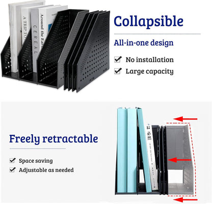 Collapsible Magazine File Holder with 4 Vertical Compartments, Binder Holder for Desk, Desktop Binder Organizer for Notebook, Documents, Book, School Office Supplies(Black)