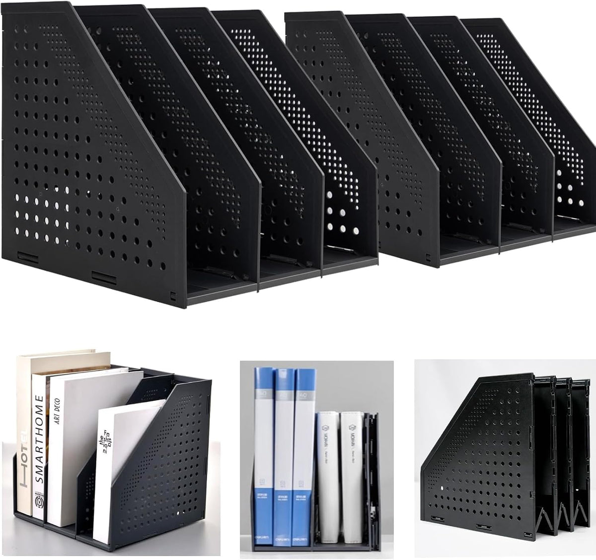 Collapsible Magazine File Holder with 4 Vertical Compartments, Binder Holder for Desk, Desktop Binder Organizer for Notebook, Documents, Book, School Office Supplies(Black)