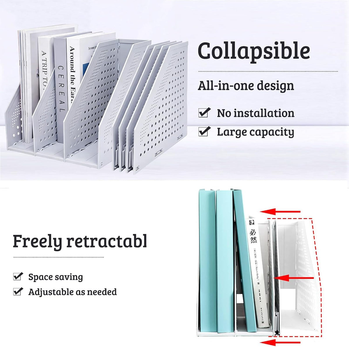 Collapsible Magazine File Holder with 4 Vertical Compartments, Binder Holder for Desk, Desktop Binder Organizer for Notebook, Documents, Book, School Office Supplies(Black)