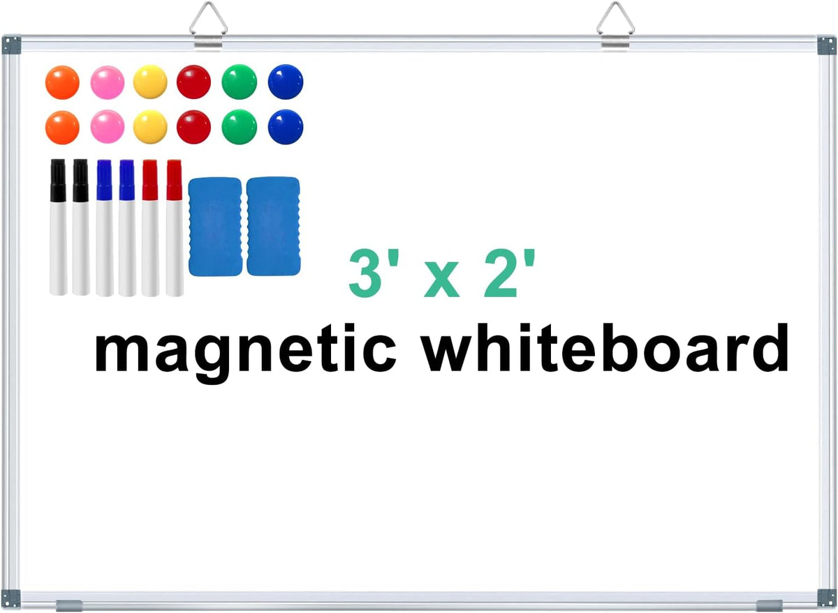 3' x 2' Magnetic Whiteboard Large Dry Erase White Board 36"x24" Aluminum Presentation Whiteboard with Long Pen Tray, 6 Markers, 2 Erasers &12 Magnets