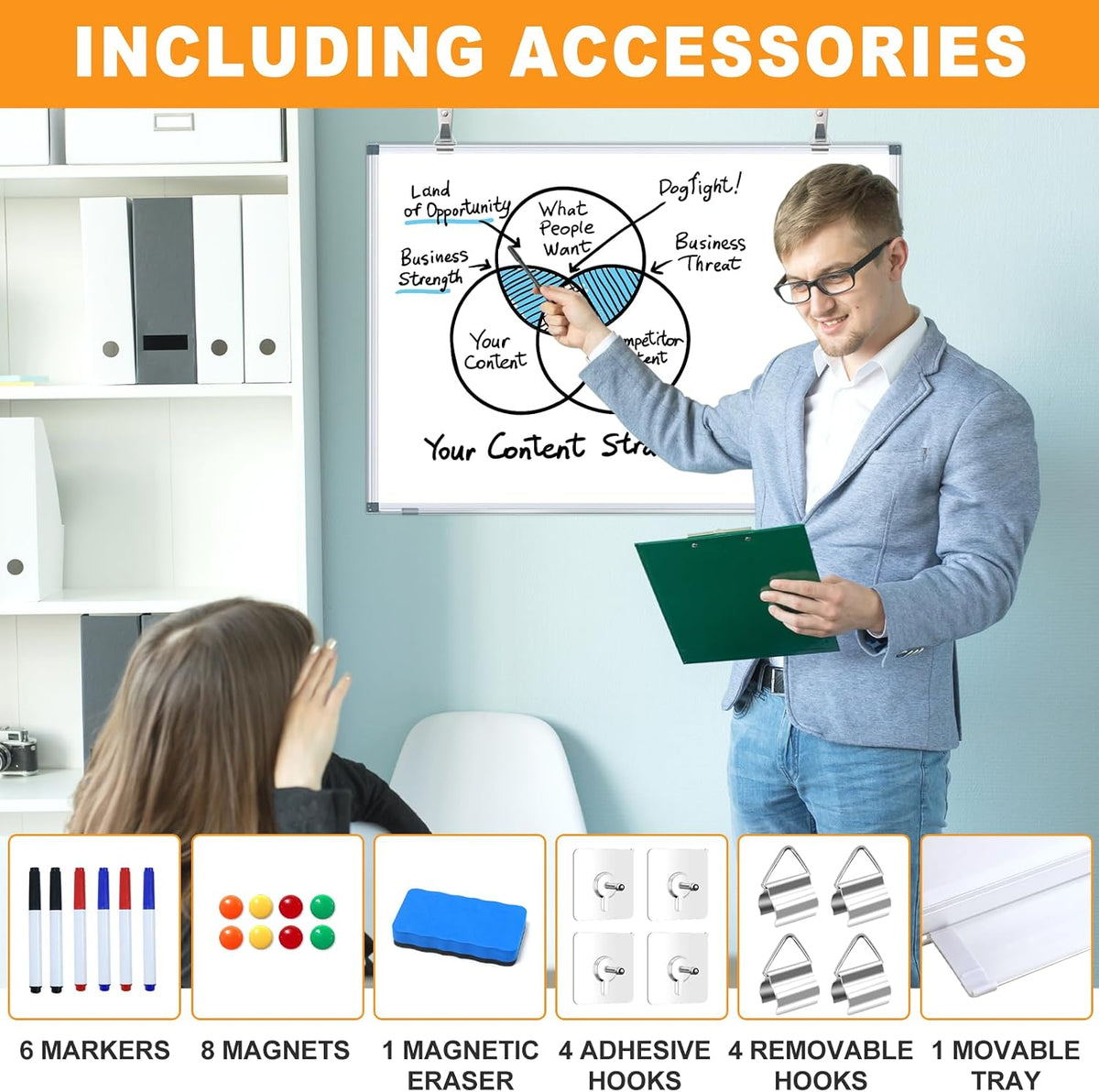 3' x 2' Magnetic Whiteboard Large Dry Erase White Board 36"x24" Aluminum Presentation Whiteboard with Long Pen Tray, 6 Markers, 2 Erasers &12 Magnets
