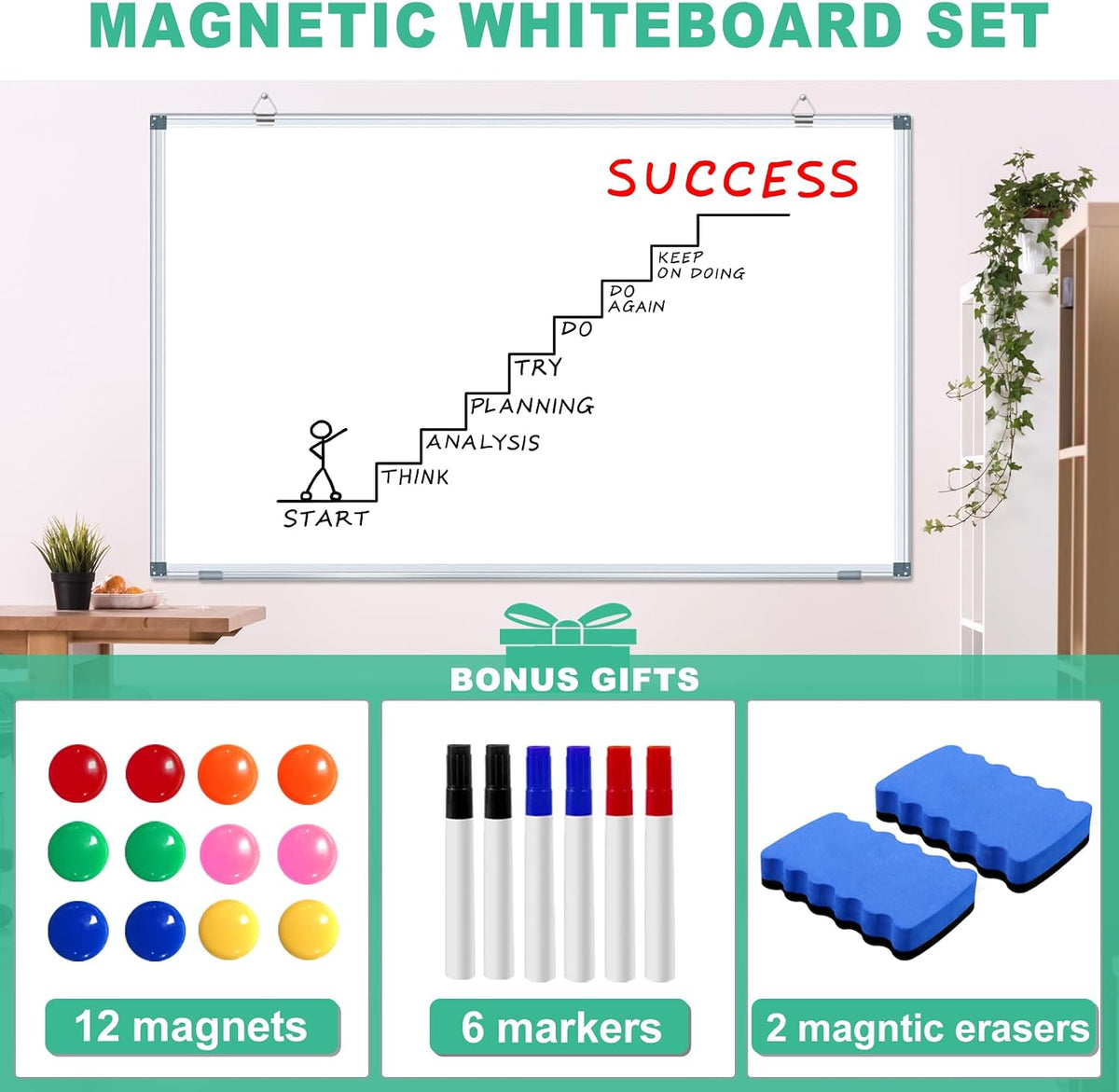 3' x 2' Magnetic Whiteboard Large Dry Erase White Board 36"x24" Aluminum Presentation Whiteboard with Long Pen Tray, 6 Markers, 2 Erasers &12 Magnets