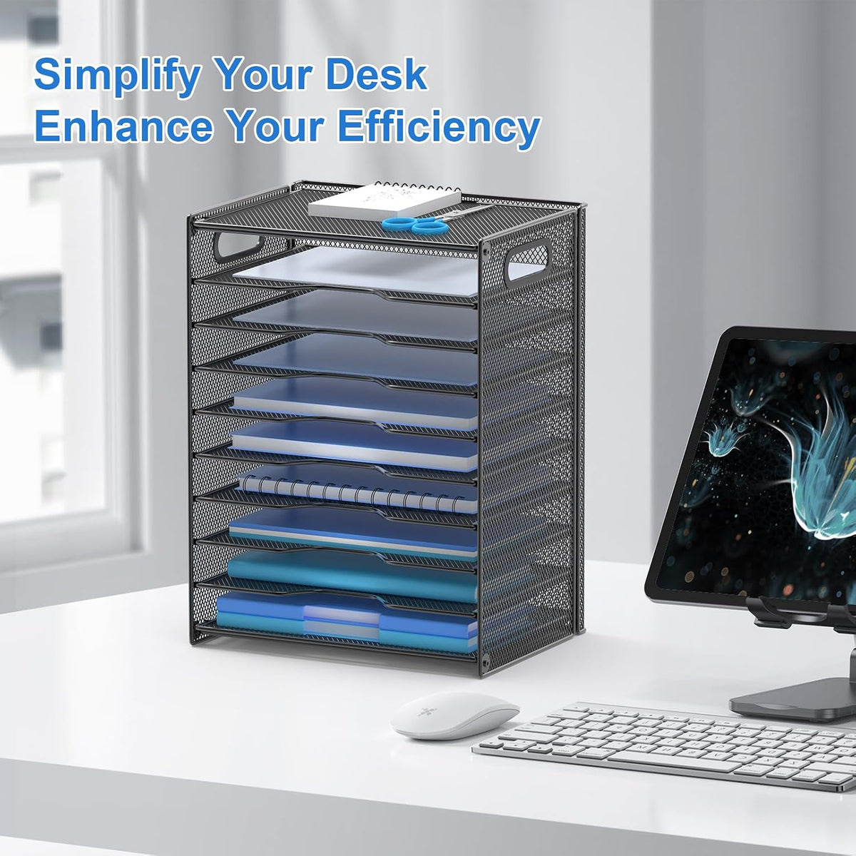 10 Tier Paper Organizer - Letter Tray Mesh Desk File Organizer with Handles for Office School Desktop, Black