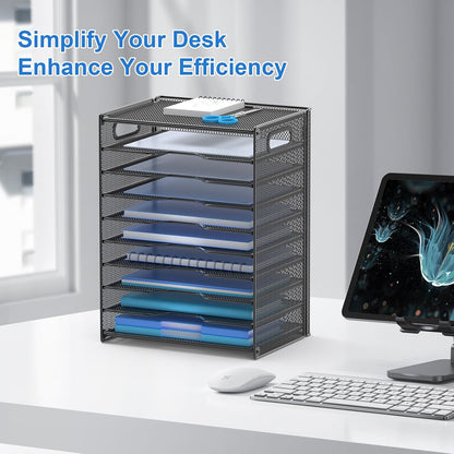 10 Tier Paper Organizer - Letter Tray Mesh Desk File Organizer with Handles for Office School Desktop, Black