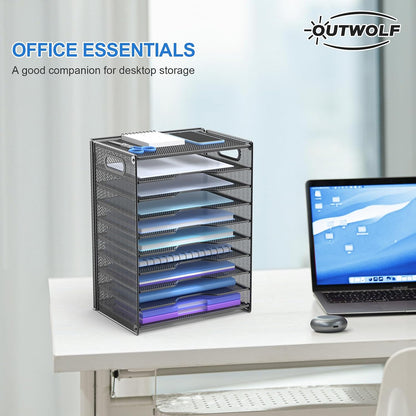 10 Tier Paper Organizer - Letter Tray Mesh Desk File Organizer with Handles for Office School Desktop, Black