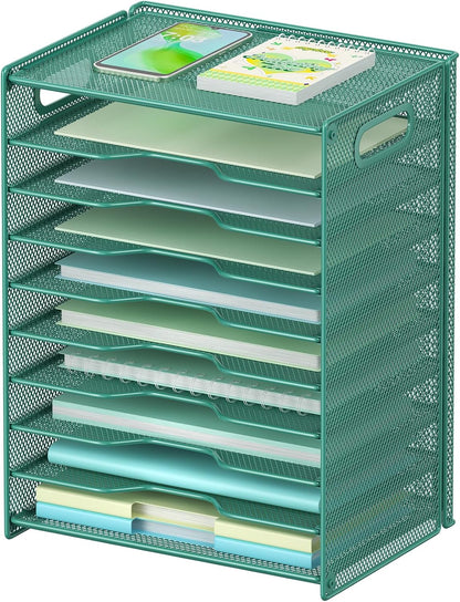10 Tier Paper Organizer - Letter Tray Mesh Desk File Organizer with Handles for Office School Desktop, Black
