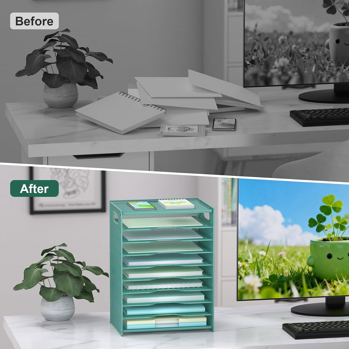 10 Tier Paper Organizer - Letter Tray Mesh Desk File Organizer with Handles for Office School Desktop, Black