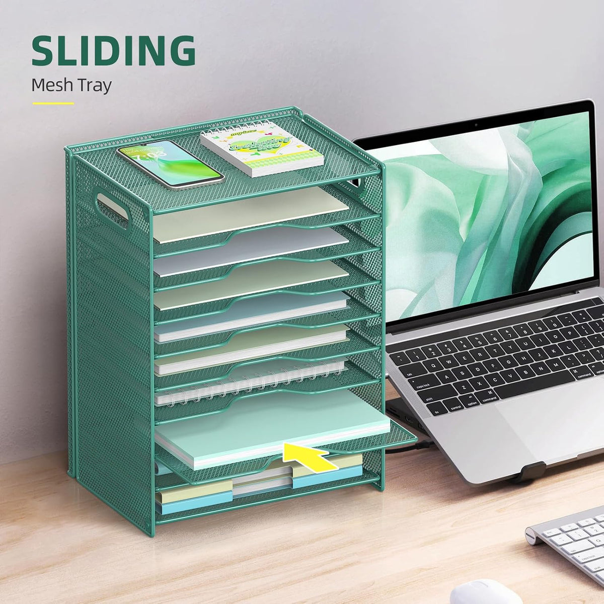 10 Tier Paper Organizer - Letter Tray Mesh Desk File Organizer with Handles for Office School Desktop, Black